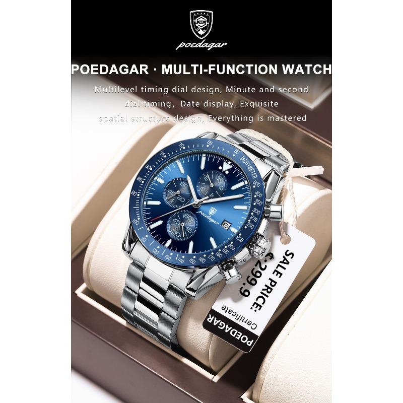 POEDAGAR Luxury Man Watch Chronograph Waterproof Luminous Date Quartz Wristwatch Fashion Sport Stainless Steel Watches