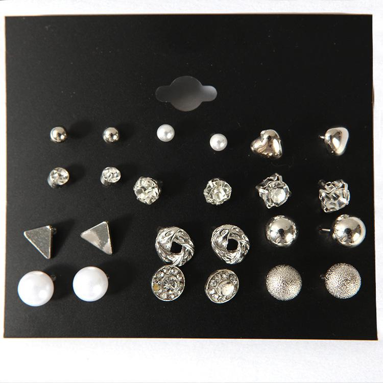 European and American Metal Earrings Set, 12 Pairs of Square Zircon Earrings, Heart-set Diamond Earrings