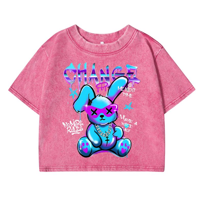 Trendy Rabbit Cartoons Print Women Washed Shrot Clothes Casual Tshirts Street Vintage Tee Tops Cool Distress T Shirts