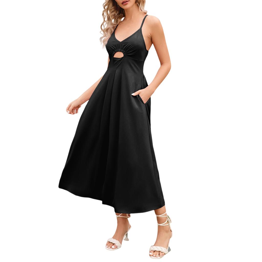 Ladies' Color Sleeveless Casual Vacation Travel Suspender Hollow Dress
