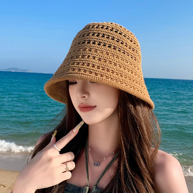 

Straw hat breathable face small knitted bucket hat women s vacation seaside beach leisure sun hat M（56-58cm）