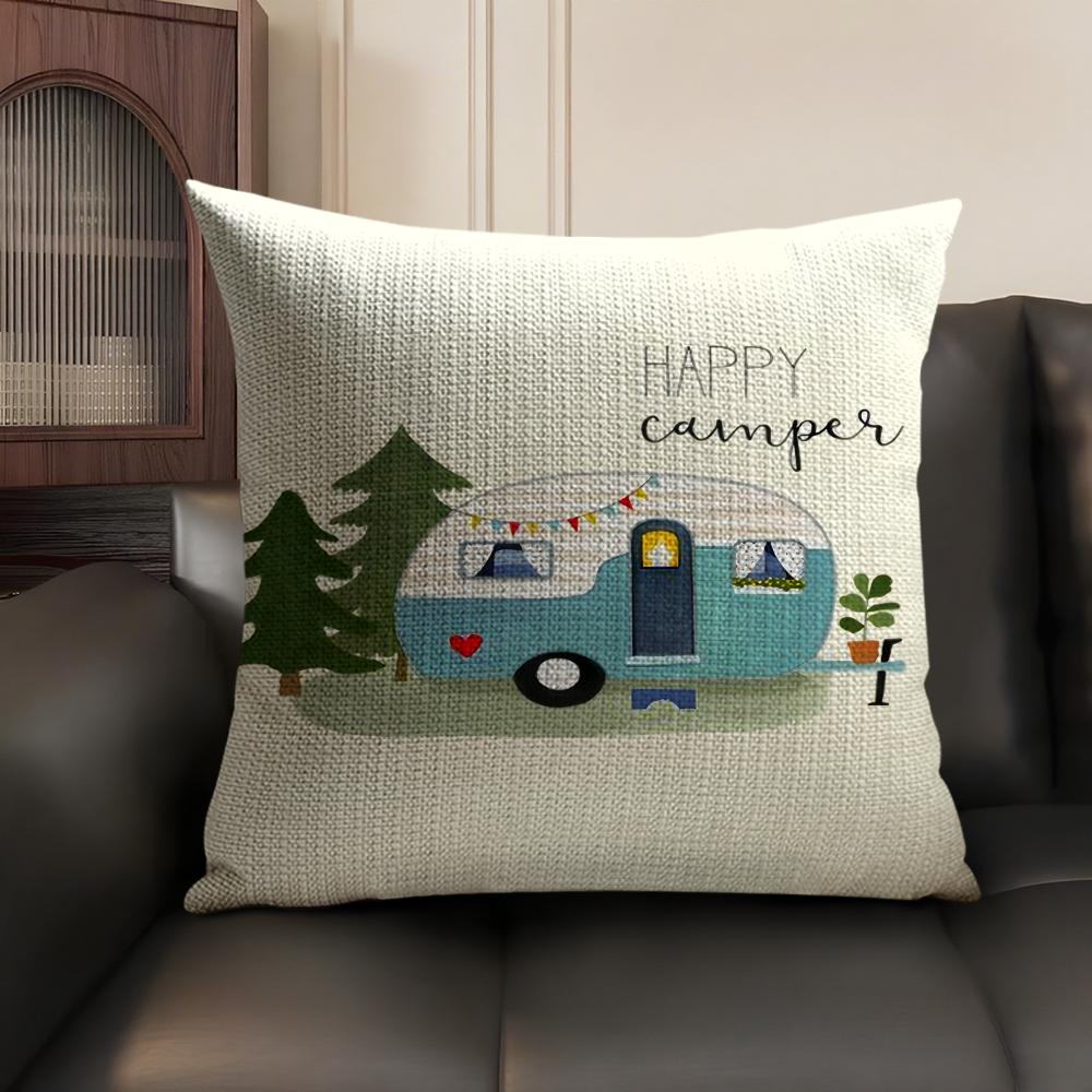 Happy Camping RV Camper Car Cushion Cover Natural Linen Organic Fabric DoubleSided Printing Sofa Home Decor Gift Pillow Case