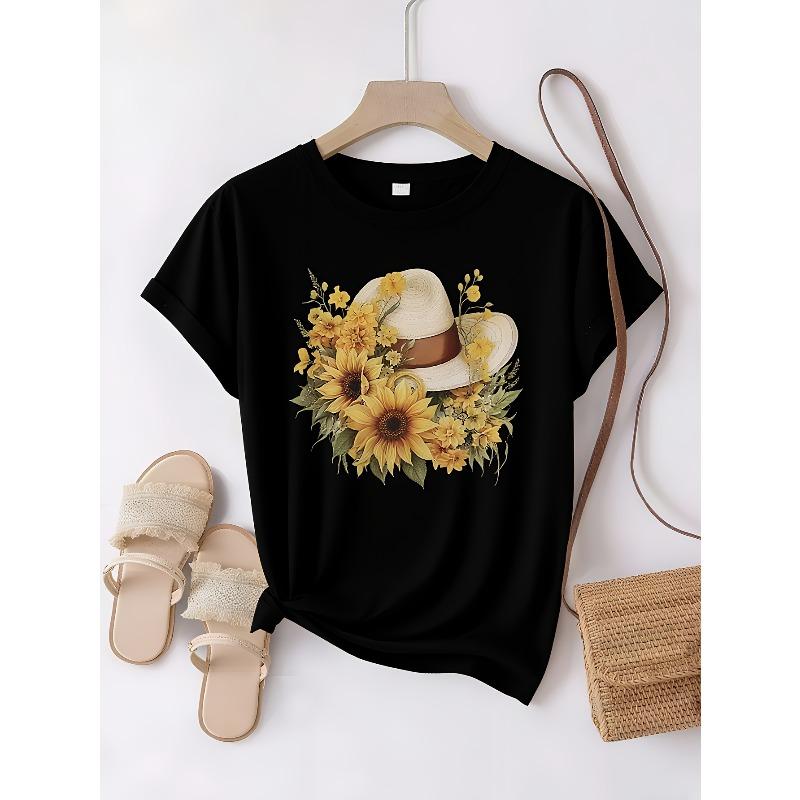 Womens Floral Print Pure T Shirt Soft Breathable Loose Fit Short Sleeve Casual Everyday Party Wear Machine Washable Summer Fashion Staple