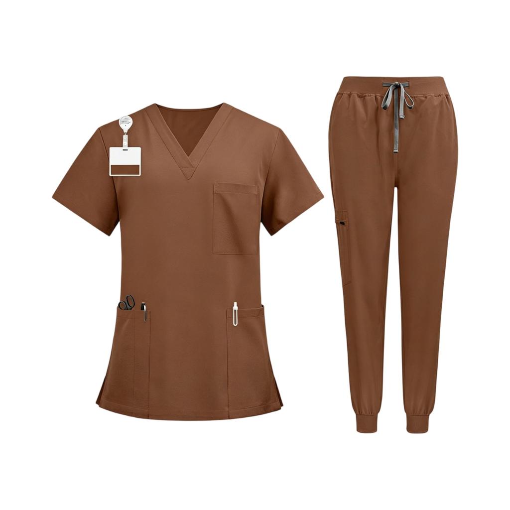 Conjunto de Uniforme Quirúrgico para Mujer con Top de Manga Corta y Cuello en V con Bolsillos, Pantalones Largos de Secado Rápido de Color, Uniforme para el Trabajo