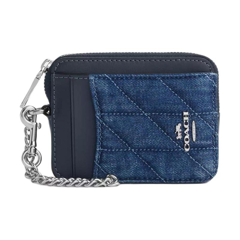 COACH 11 quilted zipper closure with smooth leather card holder for women denim blue Denim blue синий
