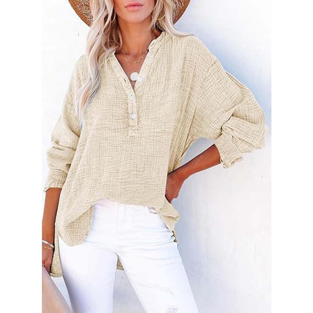 Women's V-Neck Long Sleeve Solid Color Casual Fashion Henley Blouse Shirt Top