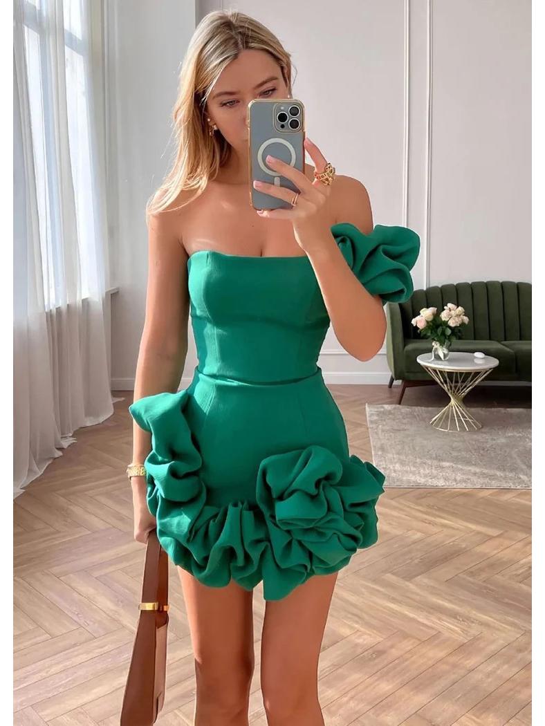 2026 Cross-Border Women s Fashion Ruffled Single-Shoulder Bodycon Dress S зелёный