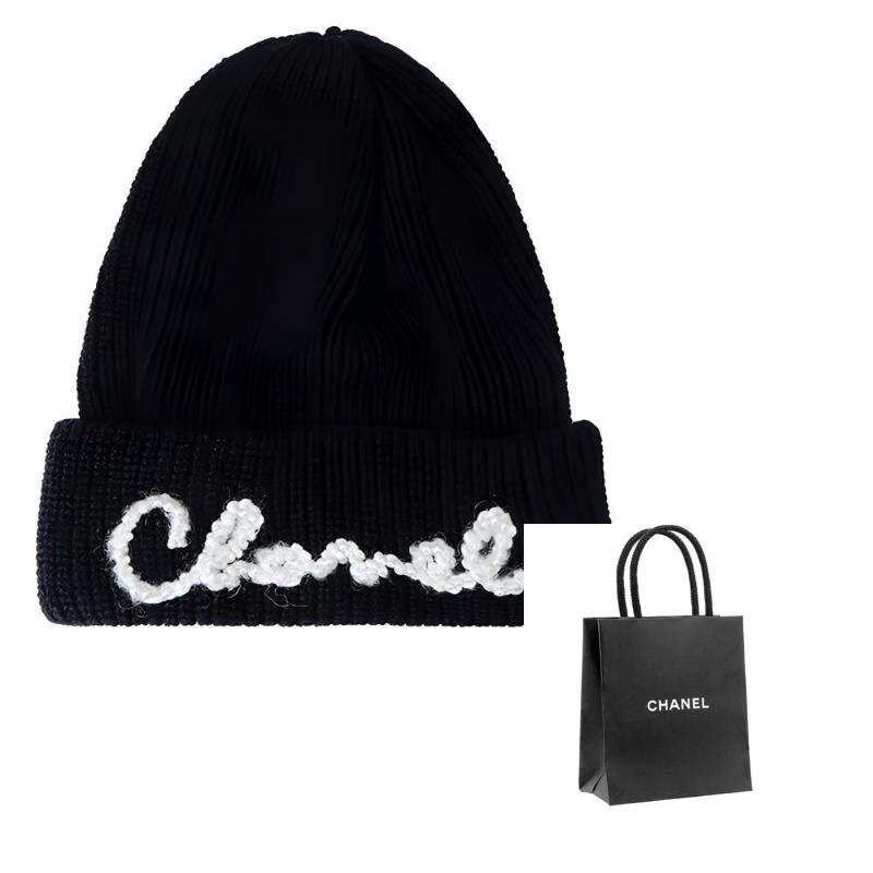 CHANEL letter logo embroidered knitted cashmere wool hat for women