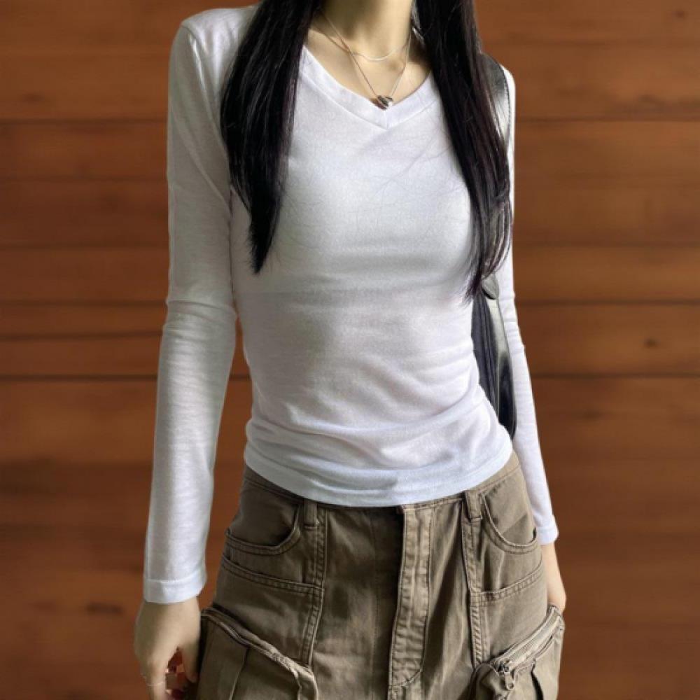 New ArriVals Open Run Women V Neck Sheer Long sleeVe Slim FiT T shirT