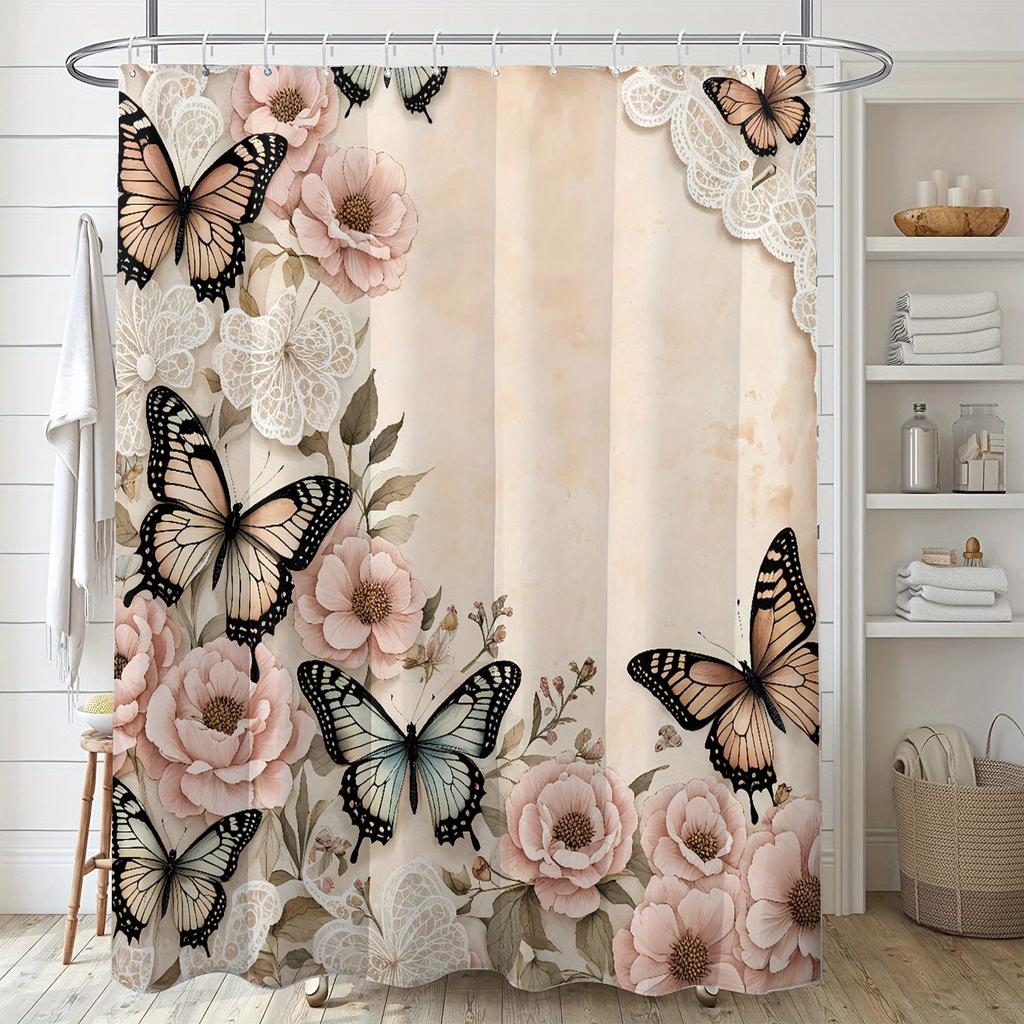 Pink Polyester 1pc Butterfly Printed Shower Curtain |  Bathtub Bathroom Home Decor, with Hook