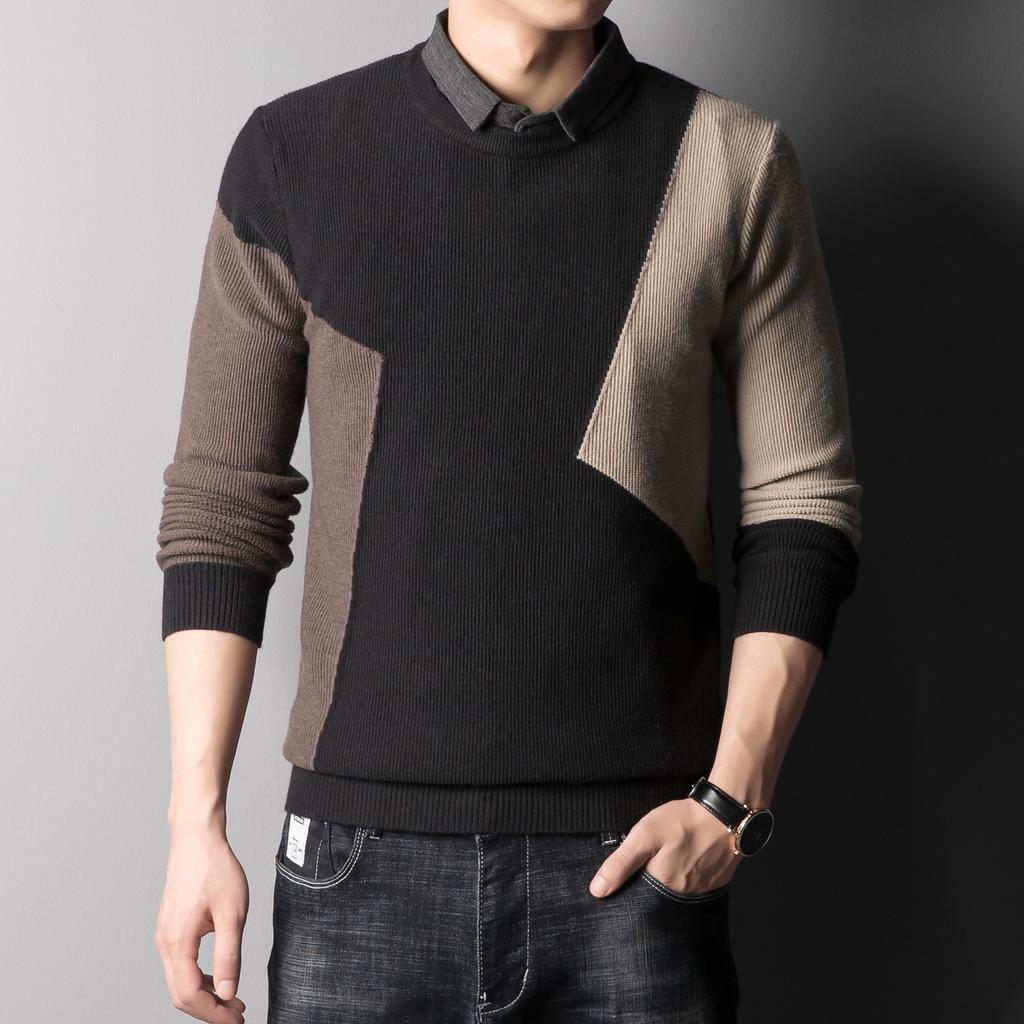 Herren-Pullover, Herbst und Winter, neuer lockerer, lässiger Trend, Farbblockierung, Rundhals-Oberteile, vielseitige, faule Strickwaren für Herren
