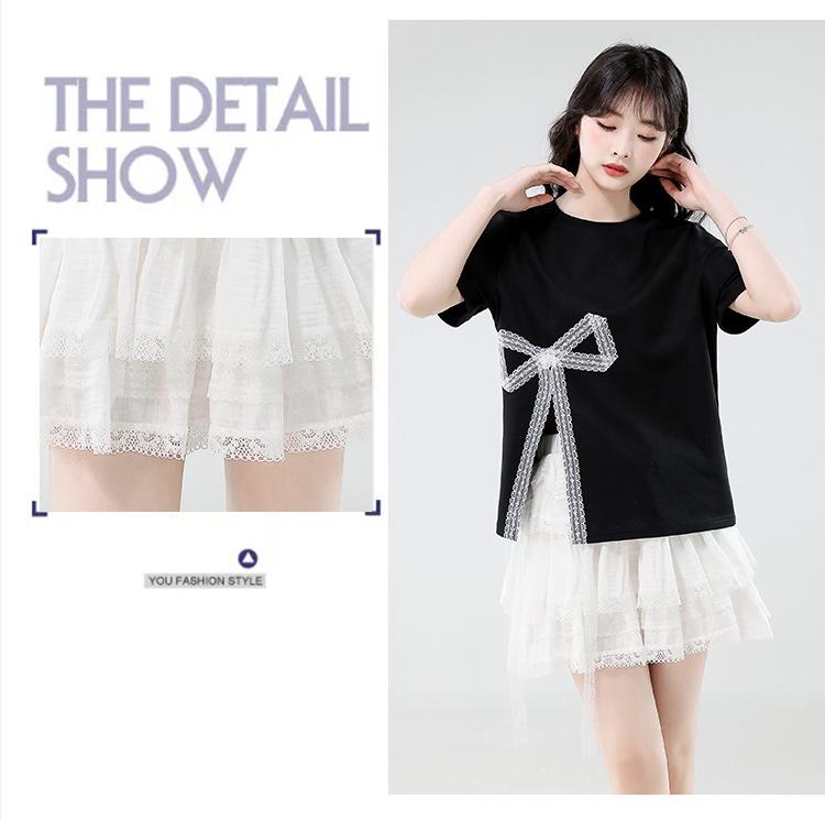 Women's Irregular Split Short-Sleeve Tee, Summer 2025, Loose Fit for Petite, Bowknot Design