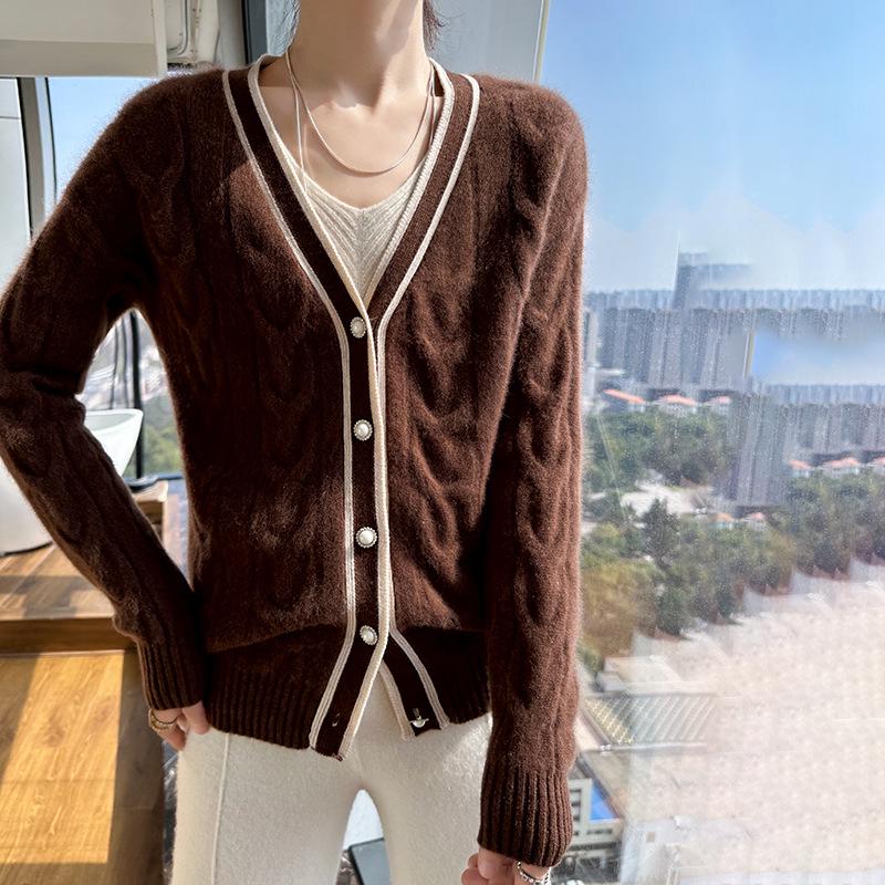 Women's V-Neck Cable Knit Wool Cardigan – New Autumn/Winter Color Block Cashmere Sweater Coat