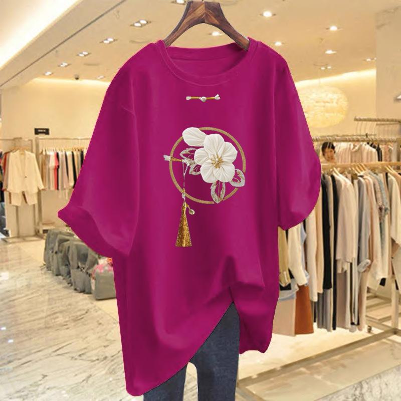 New Chinese Style Pure Cotton Medium and Long Short-sleeved T-shirt Women's Summer New Product Butt-covering and Thin Large-size T-shirt Top