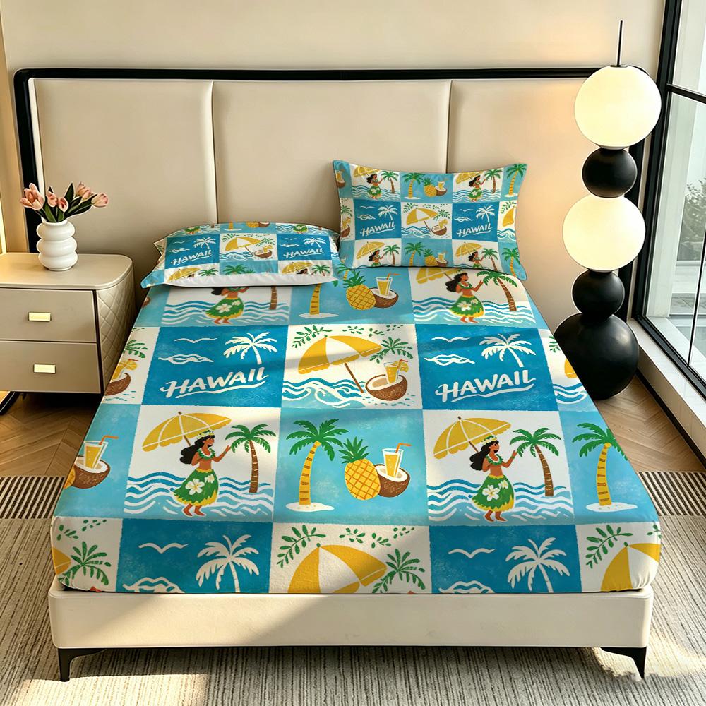 3pcs Beach Vacation Coconut Tree Print Coreless Bed Sheet Set Multiple Sizes Soft Bed Covers, Bedroom Bedding Decorations, Gifts