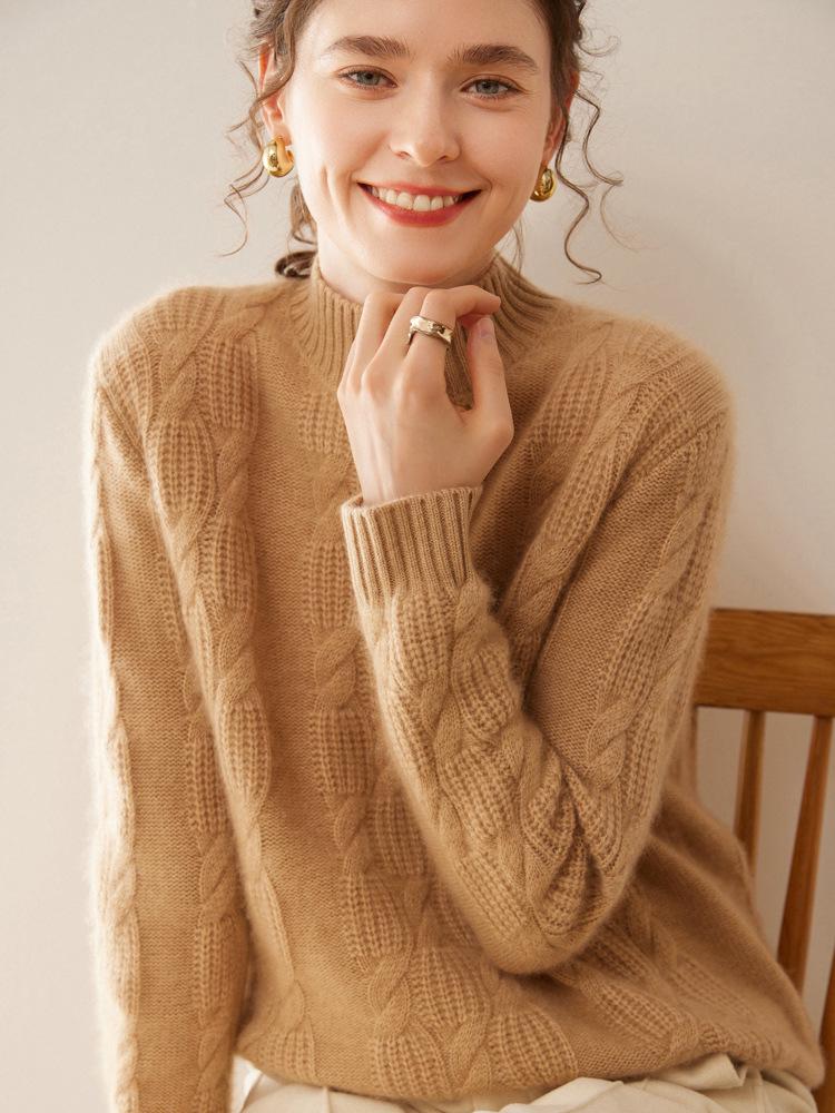 Women's Heavy Gauge Cashmere Cable Knit Sweater, Half-High Neck, Long Sleeve, Thickened Loose Pullover for Autumn Winter.