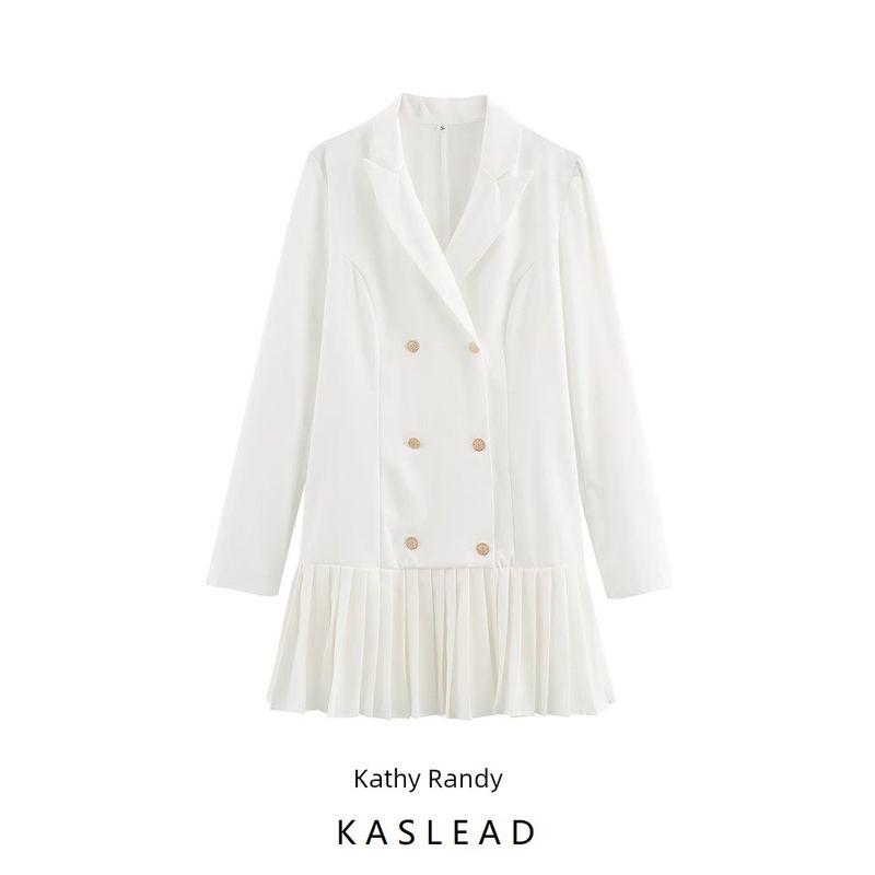 Kaslead New Arrival Women's Clothing Fashion Style Fashion Simple Double Breasted Pleated Patchwork Dress