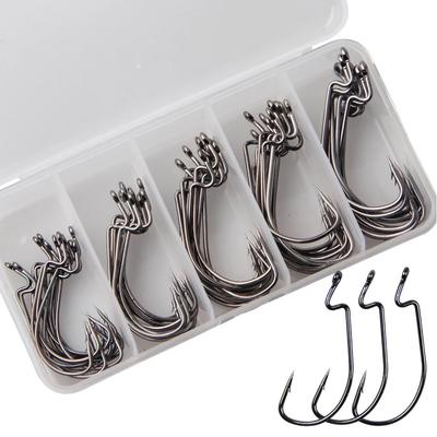 50Pcs Bass Fishing Worm Hooks Kit High Carbon Steel Offset Bass Fishing Hooks for Bass Trout Saltwater Freshwater Fishing Tackle