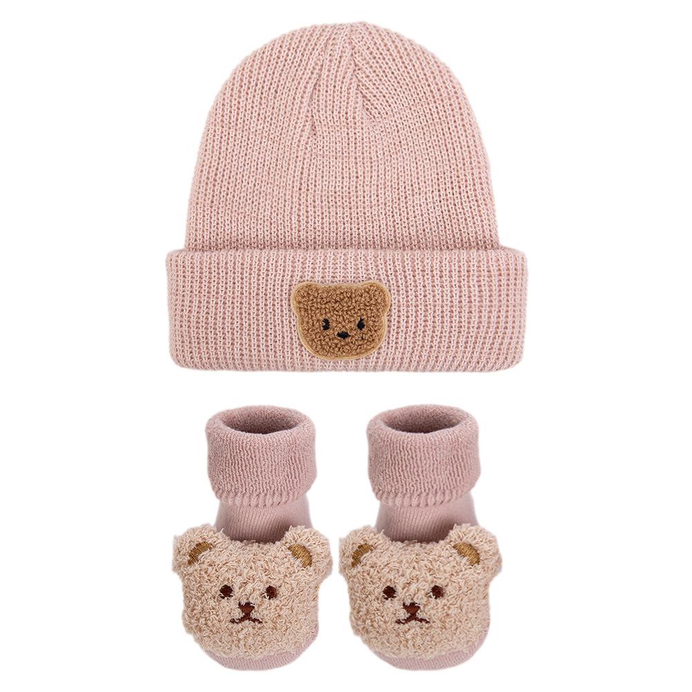 Europejski Styl Kreskówkowy Miś Zestaw Dzianinowy Czapka Beanie dla Niemowlaka z Pasującymi Skarpetkami Uroczy Zwierzęcy Zimowy Prezent dla Niemowlaka Rekwizyty do Fotografii