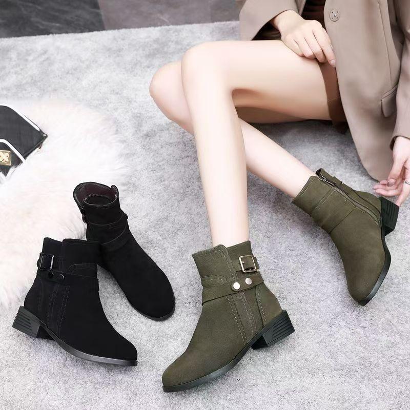Fashion Scrub Chunky Heel Booties Women's Mid-heel Soft Sole Autumn and Winter Foreign Style Korean Small Ankle Boots