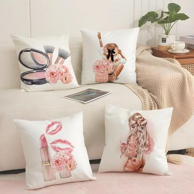 Fashion Girl Art Nordic Cushion Cover Silky Short Plush Invisible Zipper Dustproof Sofa Pillow Case for Home Decor