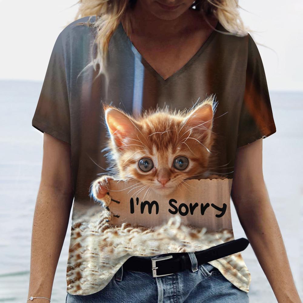 Summer Funny Cat Sorry 3D Print T-shirt Women Streetwear Casual T Shirts Y2k Tops Woman Harajuku V-Neck Tees Oversized Clothing