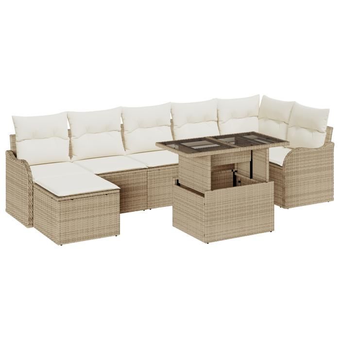 Ensemble de Canapé de Jardin 8 Pièces avec Coussins Beige, Canapé de Jardin 2 Places avec Coussins Beige 3348507