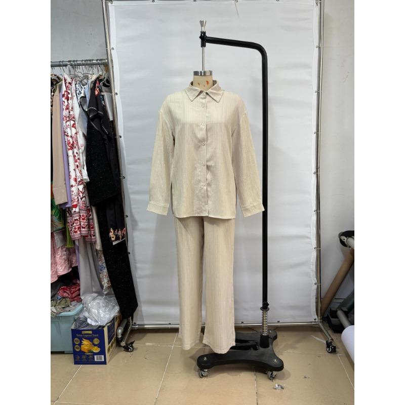 Women 2 Piece Casual Set Button Up Shirt And Elastic Waist Wide Leg Pants