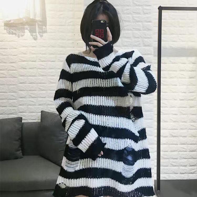 Unisex Punk Striped Gradient Ripped Knit Sweater