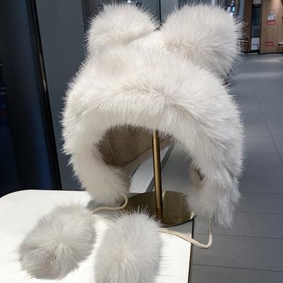 Niedliche Bärenohren-Plüschmütze für Damen im Herbst und Winter, verdickte warme, flauschige Lei Feng-Mütze für den Außenbereich, winddichte Ohrenmütze