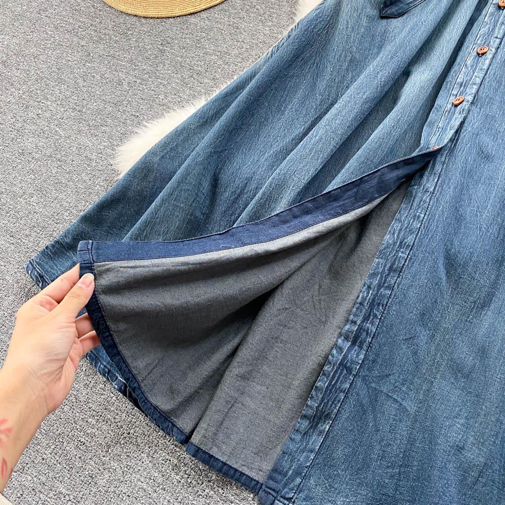 Hong Kong Style Retro Embroidered Denim Dress for Women