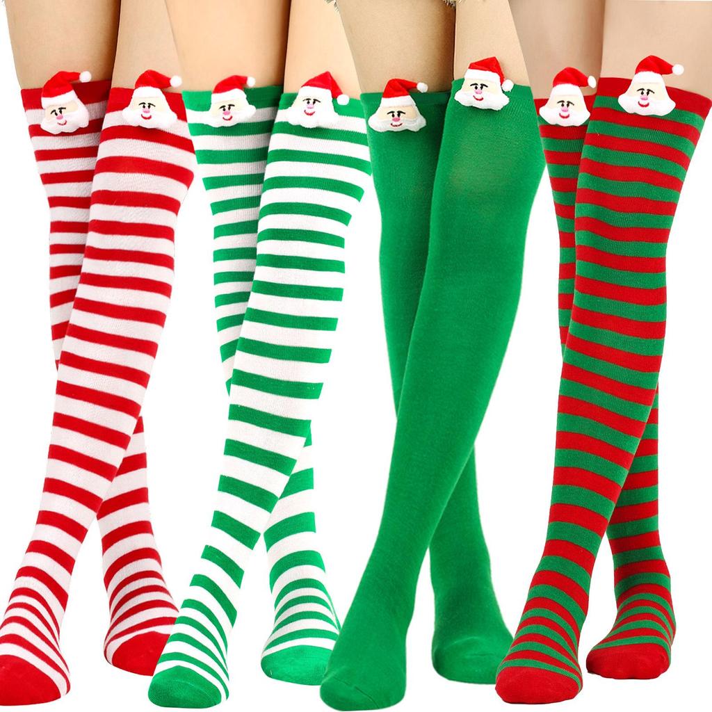 Women's Christmas Striped Thigh High Socks with Santa Claus Doll Design