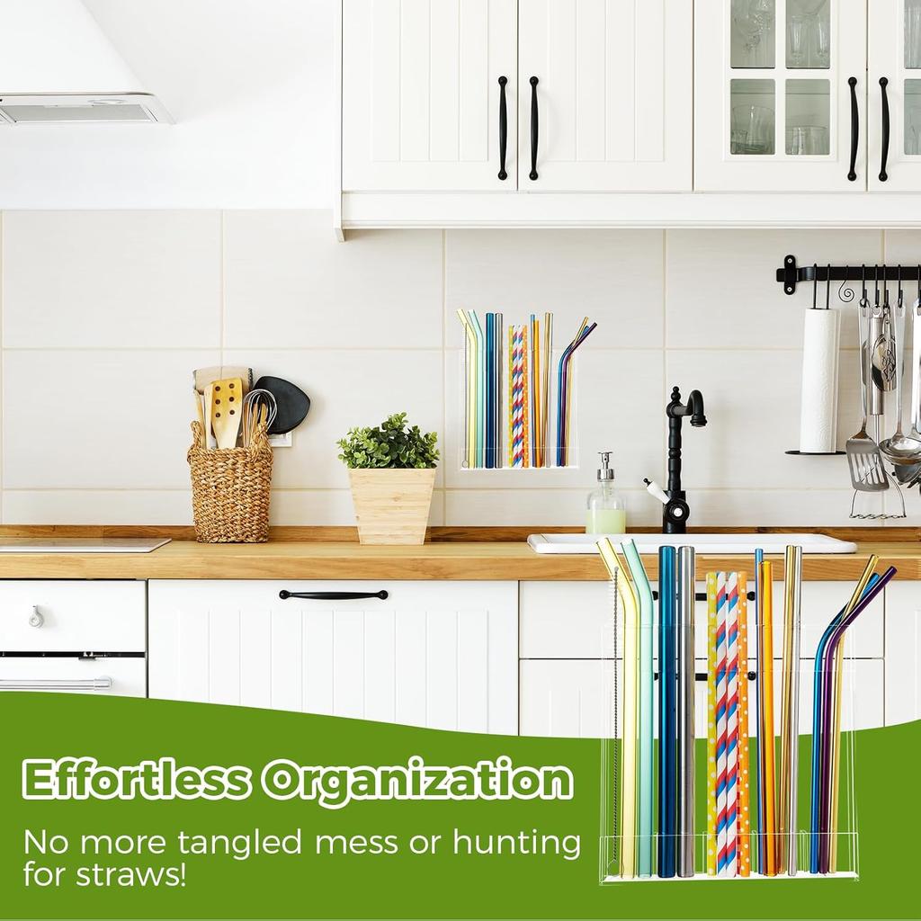 2 Pack Large Acrylic Straw Holder,Straw Rack with Double Sided Tape Organizer,Reusable Straws for Counter Cabinet Cupboard Kitchen (Clear)