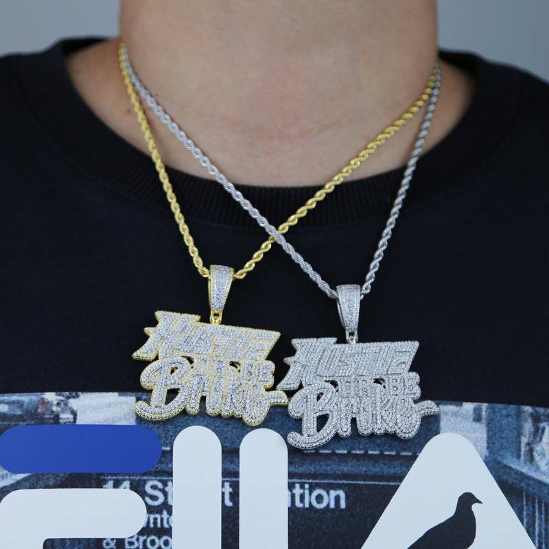 New Fashion Hip Hop Bling Cubic Zircon Paved Hustle Letter Pendant Necklace with Rope Chain Men Punk Jewelry