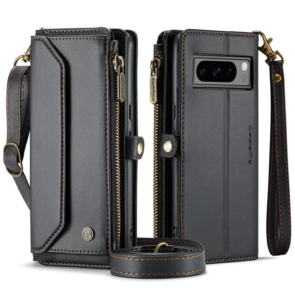 For Google Pixel 9 Pro XL 8Pro 7A Case with Pen Holder Slot, RFID Blocking Wallet Case with Card Holder Zipper Strap PU Leather