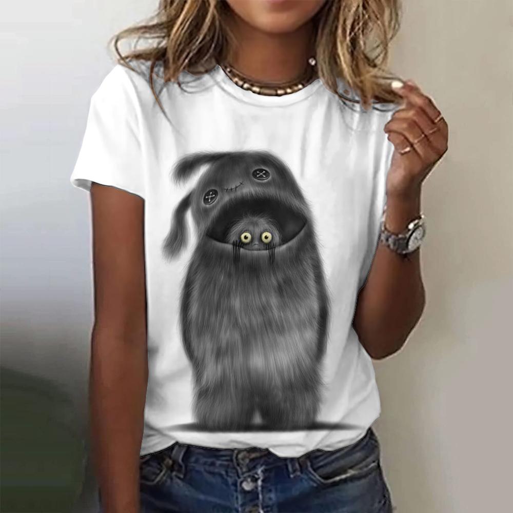 Summer Round Neck Loose Top 3d Printed Cartoon Pattern T-Shirt Fashionable Street Casual Women's White T-Shirt2024