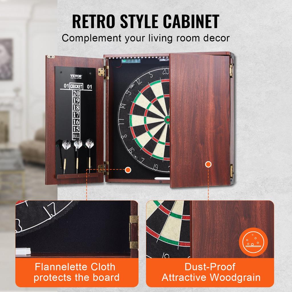 VEVOR Dartboard and Cabinet Set, Ready-to-Play Bundle Official Size Dartboard Cabinet, Steel Tip Dart Hideaway Cabinet, Features LED Light