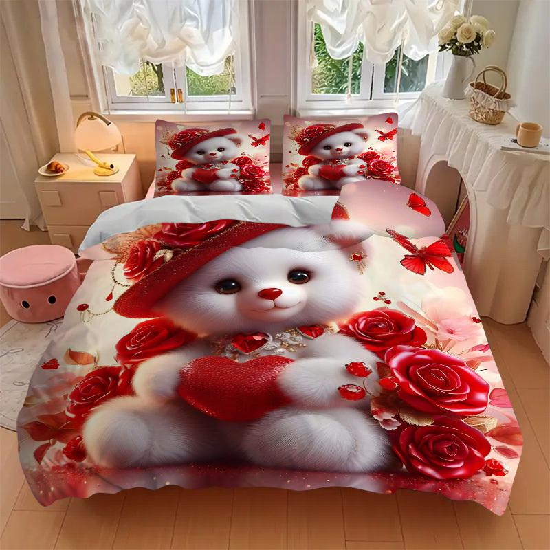 3pcs Anime Teddy Bear Bedding Set - Includes One Quilt Cover and Two Pillowcases (No Core) - Perfect for Bedroom and Guest Room Decoration,