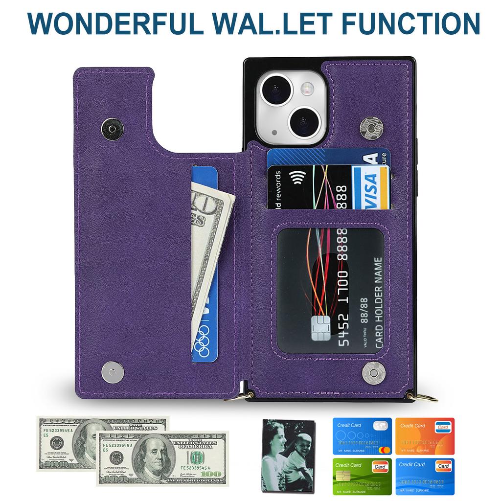 For iPhone 15 RFID Blocking Card Holder Back Cover Kickstand Phone Case with Shoulder Strap
