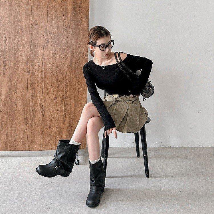 Fashion Boots~ Inner Height Increasing Western Cowboy Pile Boots Women's 2025 Fall Pleated Pants Short Boots Vintage Boots