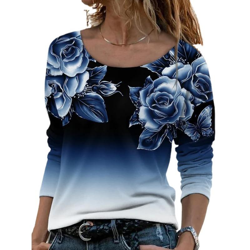 TIFICY Women's Fashion Casual Spring Autumn Flower Pattern Print Long Sleeve O-Neck Blouses & Shirts