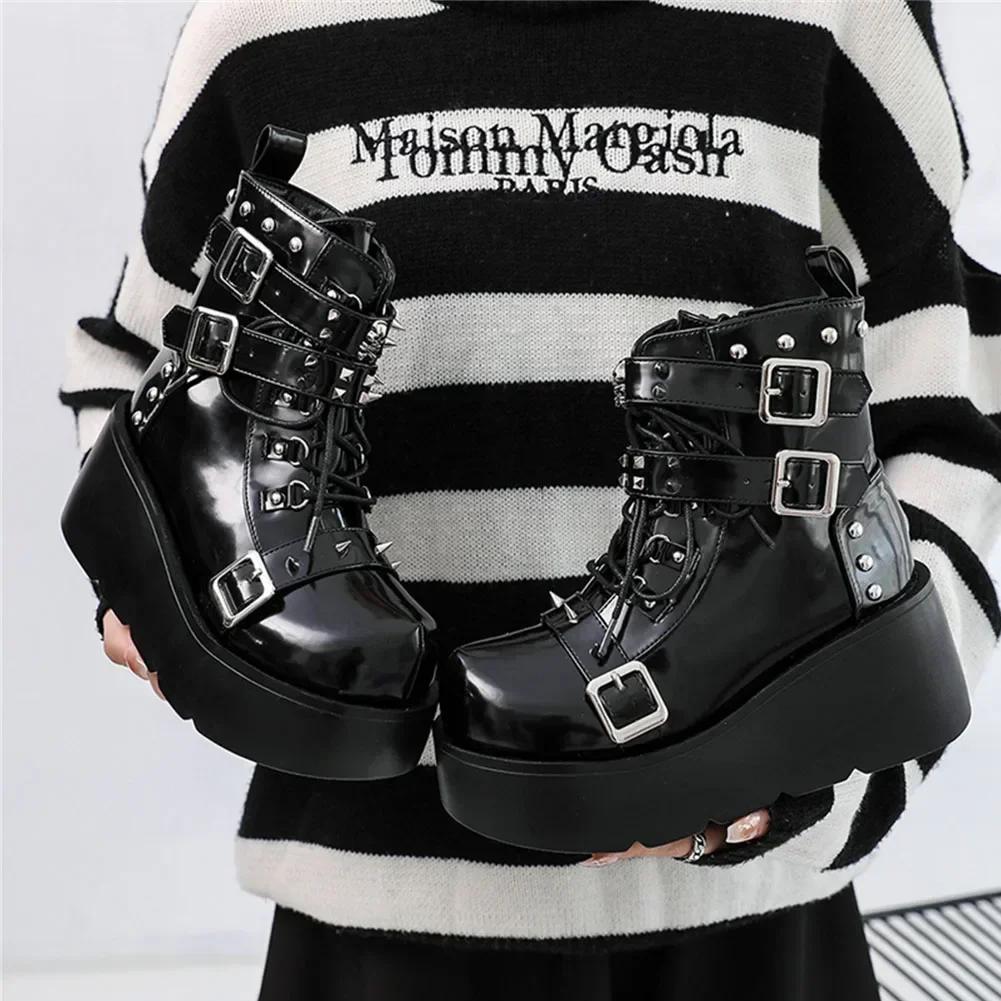 Fashion New Gothic Style Platform Vampire Cosplay Women Mid-calf Boots 2024 Winter Wedges Comfy Women Motorcycle Boots Shoes