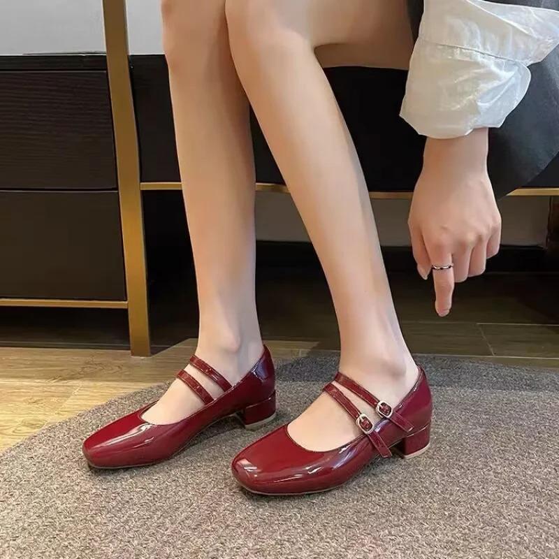Spring Autumn Women DoubleBuckle Mary Janes Shoes Patent LeatherDress Square Head Square Heel Solid ColorWomen's Shoes
