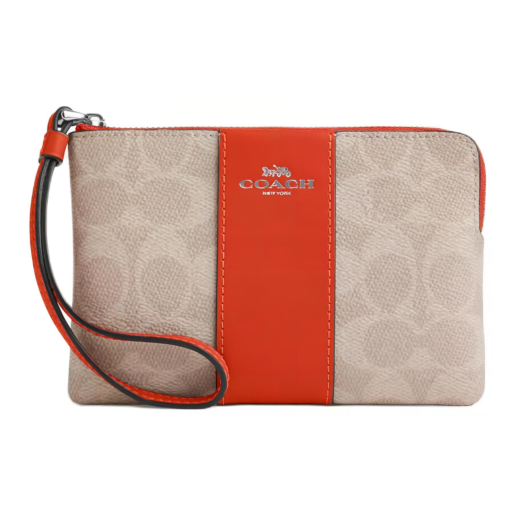 

Coach Signature Canvas Zip Wristlet with Orange Stripe & Wrist Strap for Daily Use Basic Set (Bag+Dust Bag)