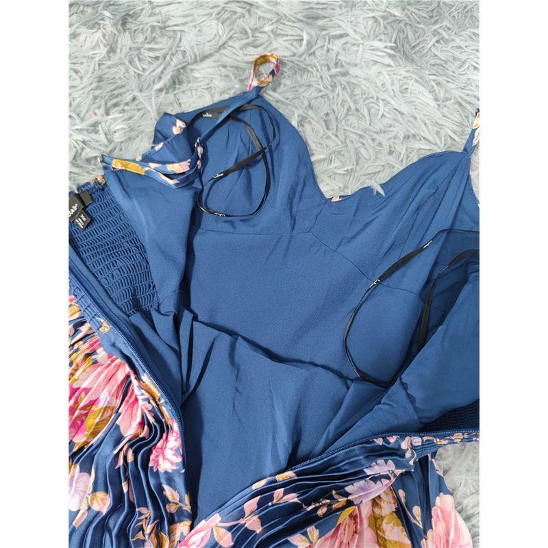 Foreign Trade Order Lu's Cross-Border Texture Sling Pleated Pleat Chest Emphasizing Exquisite Print Big Hemline Ins Vacation Dress