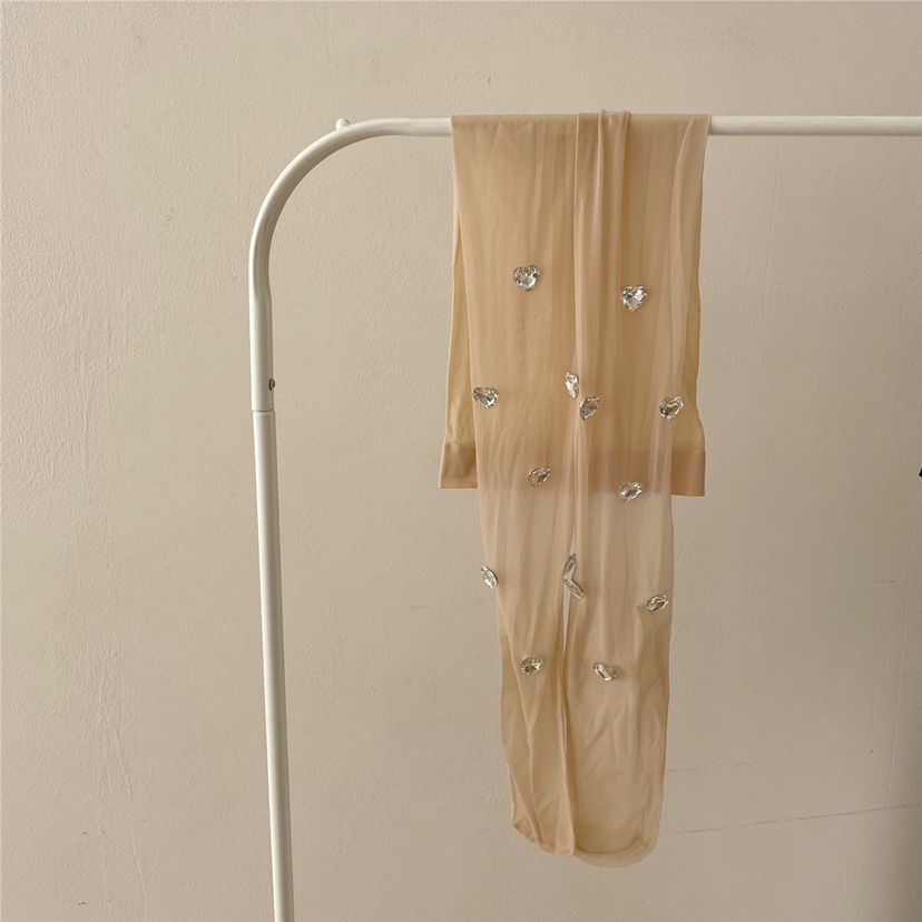 Unikt Design Håndlagde Rhinestone Hjerte Overall Sokker - Kule & Søte Tynne Utsøkte Silke Strømpebukser for Kvinner, Hvite Anti-Hakk Strømper