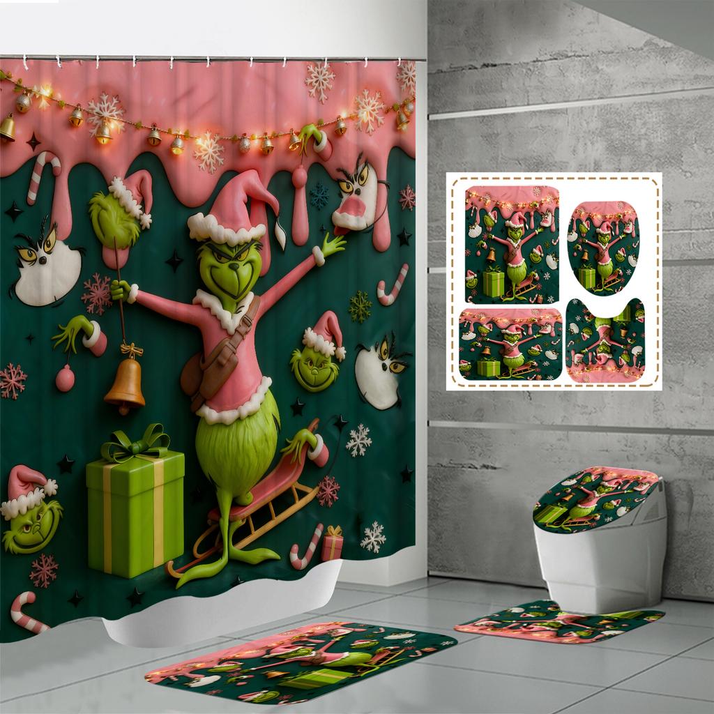 4PCS Shower Curtain Sets With Shower Curtain And Rugs Toilet Lid Rug U Shape Mat And Bath Mat Bathroom Set With 12 Hooks