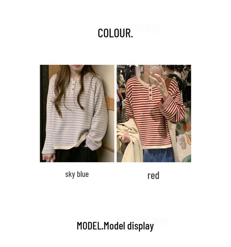 Women's Korean-Style Striped Knit Sweater - Round Neck, Loose Fit, Fall 2025 College Fashion