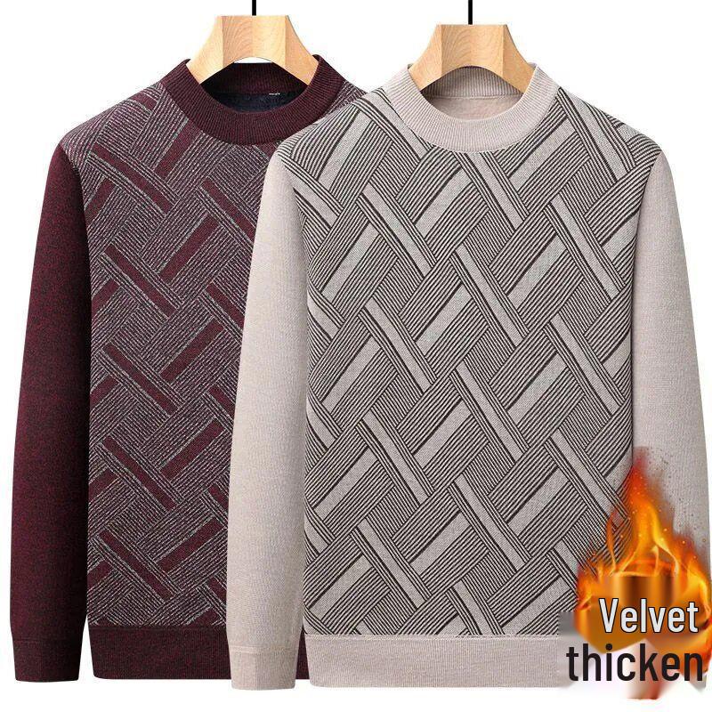 Men's Plus Velvet Thick Knit Sweater - Round Neck, Warm, Loose Fit, Perfect for Middle-Aged & Elderly