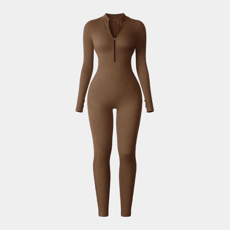 European-Style One-Piece Sport Jumpsuit for Women with Zipper, Stand Collar, Long Sleeves, Thumb Holes, Hip Lifting, and Tummy Control